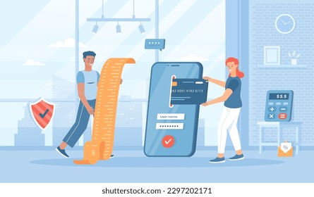 Pago en línea a través de aplicación móvil. Aplicación de cuenta bancaria. Pagar facturas y servicios en línea. Ilustración vectorial de caricatura plana con personajes para banner, diseño de sitios web o página web de aterrizaje