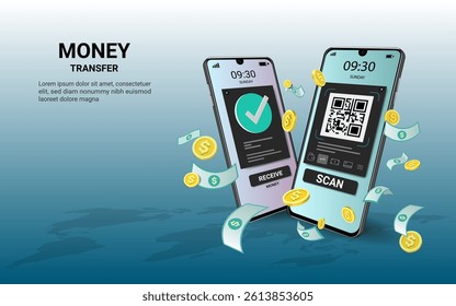 Online payment via mobile banking. Financial transaction, Money online, Online payment, Financial savings, Online shopping, e-payment, ATM, Business finance. Website, Banner. 3D Vector illustration