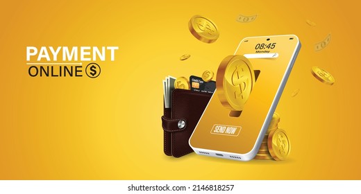 online payment via mobile phone.Coin drop in smartphone on yellow background. Shopping through your smartphone without having to carry cash. Pay online through an online wallet on your smartphone.