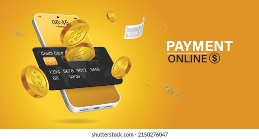 online payment via mobile phone.Coin drop in smartphone on yellow background. Shopping through your smartphone without having to carry cash. Pay online through an online wallet on your smartphone.