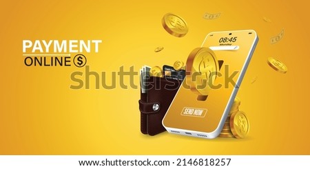 online payment via mobile phone.Coin drop in smartphone on yellow background. Shopping through your smartphone without having to carry cash. Pay online through an online wallet on your smartphone.