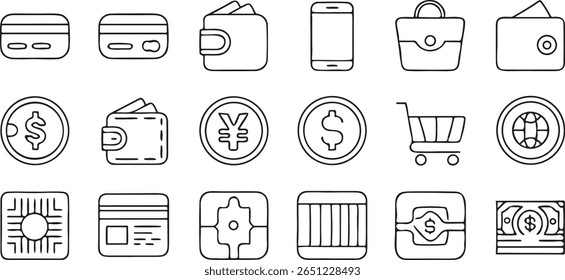 online payment wallet icon set, solid black, credit card phone money, editable finance symbols, no text, no outline, flat vector