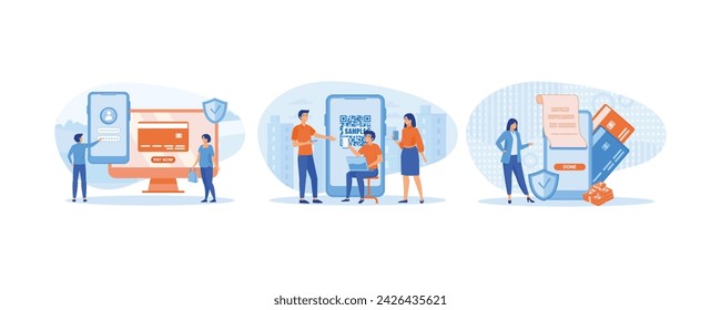 Online payment and wallet. Young men and women standing near big smart phone with qr symbol on screen. Money transfer. set flat vector modern illustration 