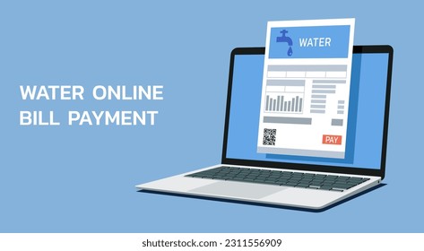 online payment with water bill on laptop computer screen, flat vector illustration