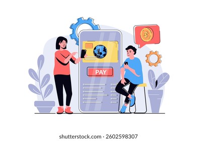 Online payment web concept with cartoon people design. Man and woman paying purchases with credit card, sending money in mobile banking app. Flat vector illustration isolated on white background.