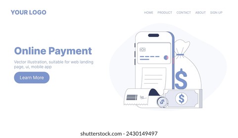 Online Payment. Web Landing Page Design. Flat Cartoon Vector Illustration. Vector illustration, suitable for web landing page, ui, mobile app.