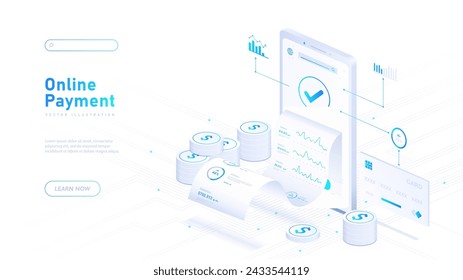 Online payment white poster. Smartphone with mobile banking application. Electronic wallet for shopping on internet. Landing webpage design. Neon isometric vector illustration