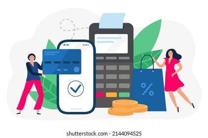 Online payment. Wireless shopping using smartphone, secure transactions in internet. Making purchases using mobile banking. People making e-commerce transfers vector, woman holding shopping bag