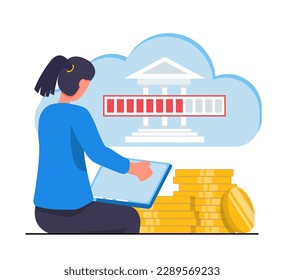 Online payment. A woman makes a transaction through a laptop, a cloud with a bank and gold coins nearby