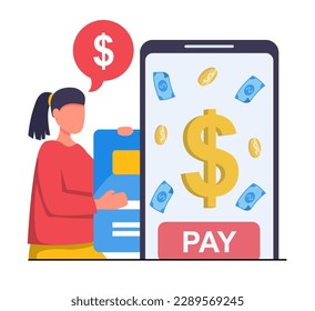 Online payment. Woman pays with credit card