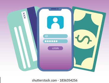 Online payment.Bank account credit card data. Flat illustration Icons infographics.Smartphones tablets user interface social media.