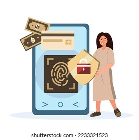 Online Payment,Digital Wallet,Secure Data Protection.Credit Card Check and Software for Confidential Access.Business Character at Cellphone , Finger Print on Screen.Cartoon People Vector Illustration