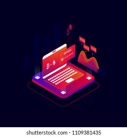 Pagamentos on-line conceito isométrico 3d ilustração vetorial. Criptomoeda e tecnologia de cadeia de blocos, transação de cartão bancário, mercado monetário digital, investimento, negociação e conceito financeiro