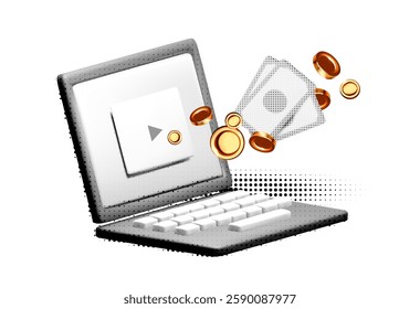 Online payments. 3D money coin and laptop. Mobile banking app and e-payment halftone design. Online shopping