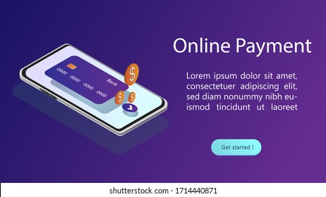 Plantilla de sitio web isométrica de la aplicación de pagos en línea.Transferir dinero de la tarjeta.Concepto de aplicación de cartera móvil. Imagen isométrica de smartphone y tarjeta de crédito en un fondo morado .Página web, diseño de aplicaciones.