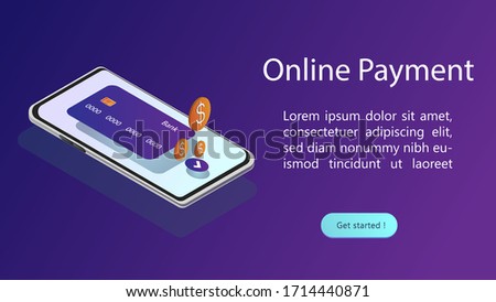 Online payments app isometric website template.Transfer money from card.Concept of mobile wallet app. Isometric image of smartphone and credit card  on a purple background .Webpage, app design.
