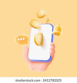 Online payments coin floating on smartphone. money transaction via app, income deposit and cashback, Internet banking concept on yellow background. minimal cartoon style. 3d vector illustration