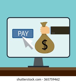Online Payments. Computer monitor with a button to pay. Flat graphic. Stock vector illustration.