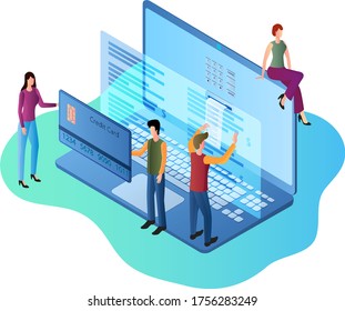 Online payments.The concept of business communication.People, computer and plastic card symbol of secure payments and online money transfers.Isometric illustration.