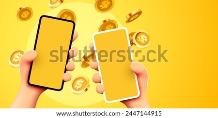 Online payments concept with cartoon 3D hands, phone and coin, Business and money. Online earnings. Vector illustration