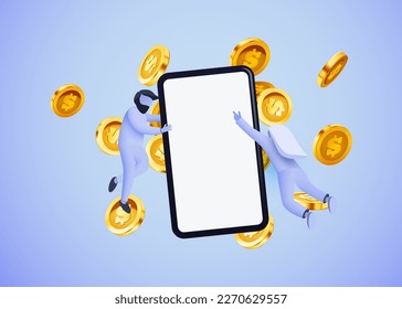 Online payments concept with phone, coins and small people flying around. Business and money. Online earnings. Vector illustration