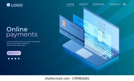 Online payments.The concept of secure money transfers on the Internet. Laptop credit card and payment system.Landing page template.Isometric vector illustration.