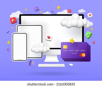Online payments concept, vector 3d illustration. Purchasing application products and services over the Internet. Online banking.
