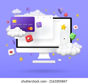 Online-Zahlungskonzept, Vektorgrafik 3D. Kauf von Anwendungsprodukten und -diensten über das Internet. Online-Banking.