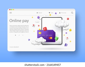 Concepto de pagos en línea, ilustración vectorial 3d. Comprar productos y servicios de aplicación por Internet. Banca en línea.