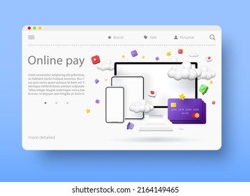 Concepto de pagos en línea, ilustración vectorial 3d. Comprar productos y servicios de aplicación por Internet. Banca en línea.