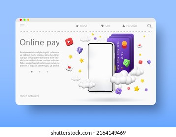 Online payments concept, vector 3d illustration. Purchasing application products and services over the Internet. Online banking.