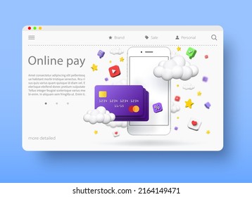 Online payments concept, vector 3d illustration. Purchasing application products and services over the Internet. Online banking.