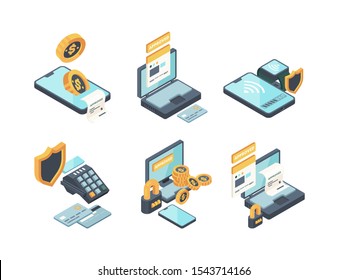 Online payments. Digital banking computer online orders financed connection smartphone wallet and cards vector isometric icons. Illustration smartphone payment, isometric web wallet banking