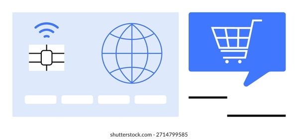 Pagamentos on-line, comércio eletrônico, transações digitais, compras na Web, pagamento sem contato, conectividade global. Imagem de um cartão de crédito com chip e símbolo de globo. Conceito de pagamentos em linha e comércio eletrônico
