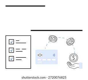 Online-Zahlungen, E-Commerce, digitale Brieftaschen, kontaktlose Transaktionen, Finanzplanung, modernes Bankwesen. Checkliste, Geld-Transfer-Symbole Münzen Kreditkarte Hand. Digitale Brieftaschen und online