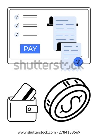 Online payments, financial management, digital wallets, e-commerce, receipt tracking, and cashless transactions. Digital receipt on a screen, wallet with a card and a coin icon. Online payments