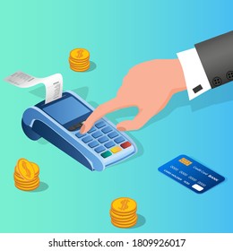Online payments.The human hand makes the payment via a portable terminal.The concept of cashless payment.Isometric vector illustration.
