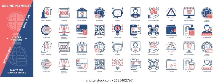 Online Payments icon set. Cryptocurrencies, Chatbot, QR Code, E Wallet, Authentication, Risks, Authorization, Technology. Duotone color solid icons