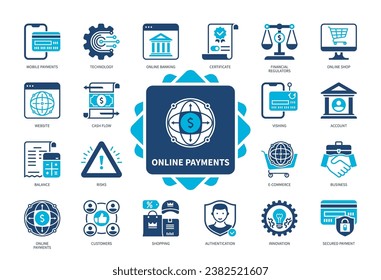 Online Payments icon set. Financial Regulators, Shopping, Online Banking, Website, Certificate, Risks, Authentication, Technology. Duotone color solid icons