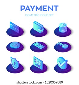 Online payments icons set. 3D isometric mobile payments icons. Personal data protection. Credit card, wallet, money, check and software access data as confidential. Vector illustration.