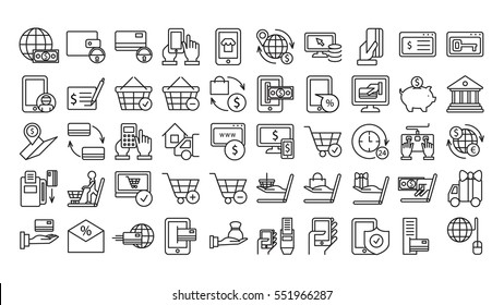 Online payments icons set on white background. Money, tablet, basket and other icons.