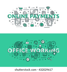 Online Payments and Office Working related icons. Colored flat vector illustration in seagreen and white colors. Online transactions, money transfer, office stuff and processes,