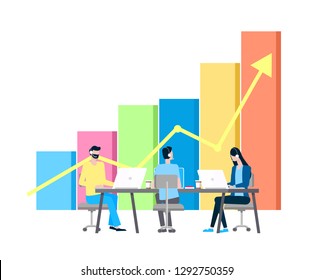 Online payments security operators and graphic of growth vector. Men and women at laptops in headset, Internet shopping and safe transactions isolated