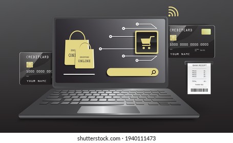 Online Payments And Shopping On Laptop Computer Application With Visual Elements Are,shopping Cart Icon,shopping Bag,creditcard And Payment Receipt Paper,vector Black Dark Tone Concept