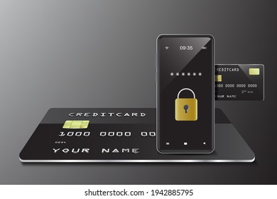 online payments and shopping with a smartphone application with visual elements,screen password lock and Financial transaction security template,insert credit card in insert slot for advertising