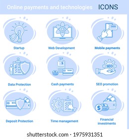 Online payments and technologies.A set of web icons in the style of thin contours.A collection of various icons for web design. Vector illustration.
