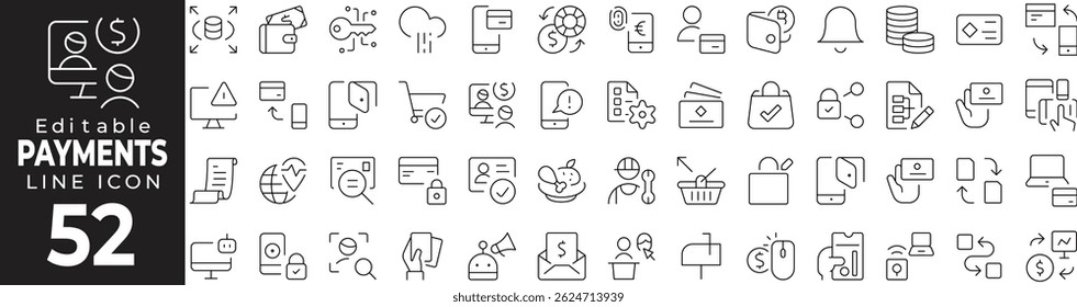 Online Payments Technology Thin Line Icon Set – E-Commerce, Transactions, Digital Wallet
