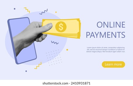 Online payments template with cut out hand pass money banknotes. Money payment, currency exchange concept. Vector illustration
