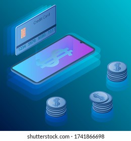 Pagos en línea con un smartphone.Ilustración isométrica moderna de una tarjeta bancaria con pagos en línea mediante un smartphone.Tecnologías modernas de Internet.