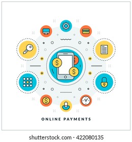Online payments. Vector thin line business concept. Flat style illustration for website banner or promotional materials. Line icons and design elements